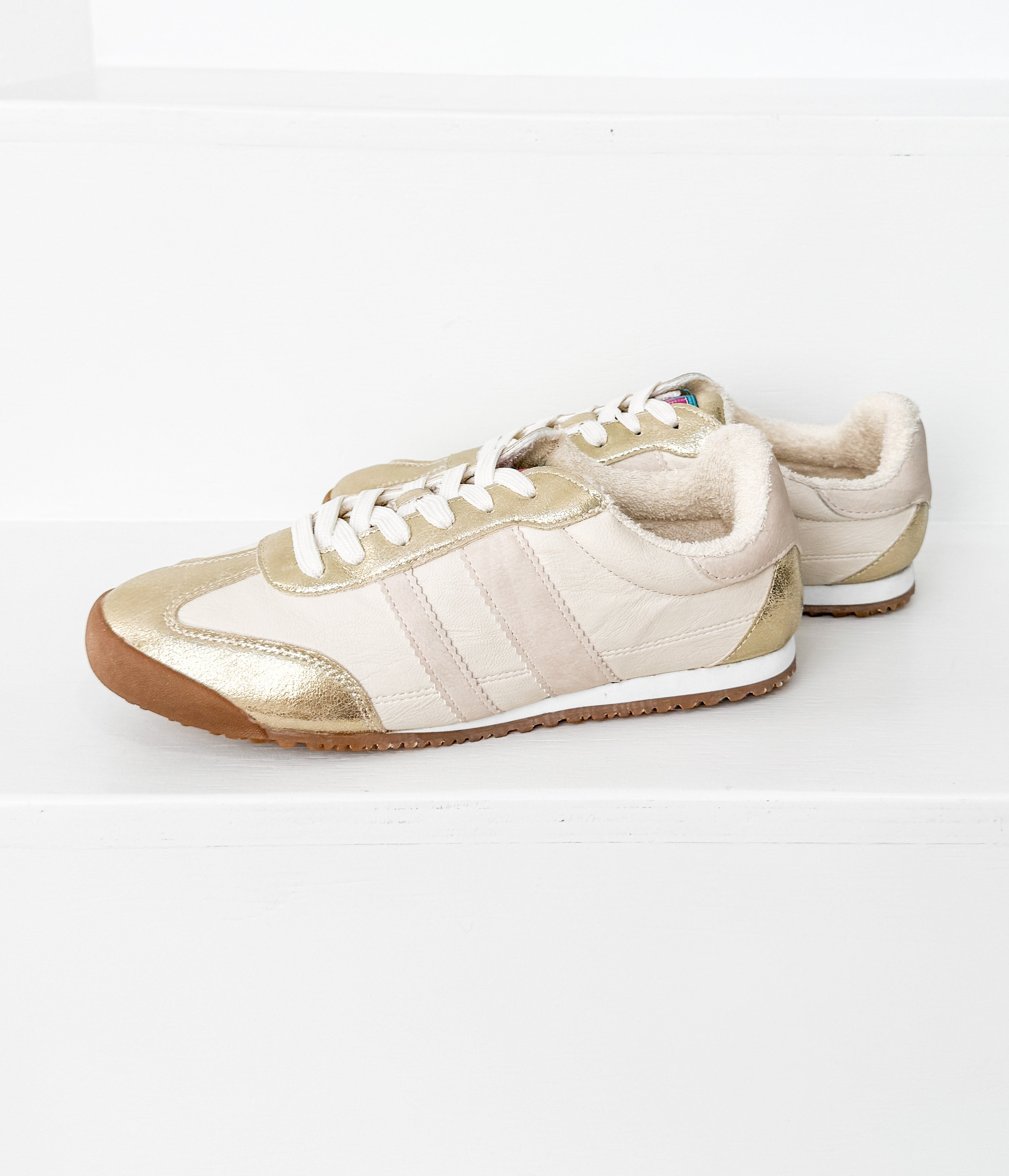 Lifestyle photo showing Madrid Sneaker in Beige/Gold in use - Naughty Monkey