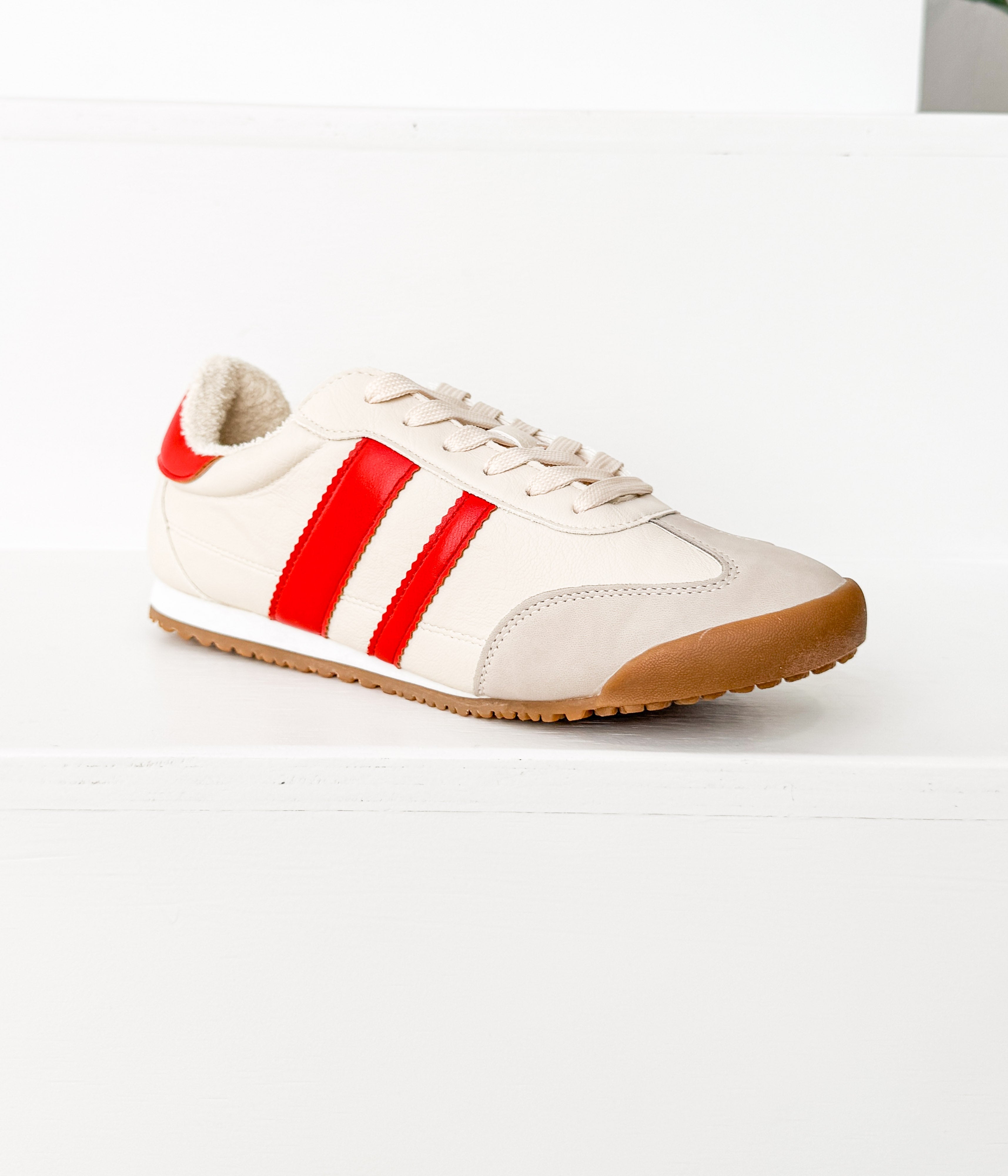 Lifestyle photo showing Madrid Sneaker in Beige/Red in use - Naughty Monkey