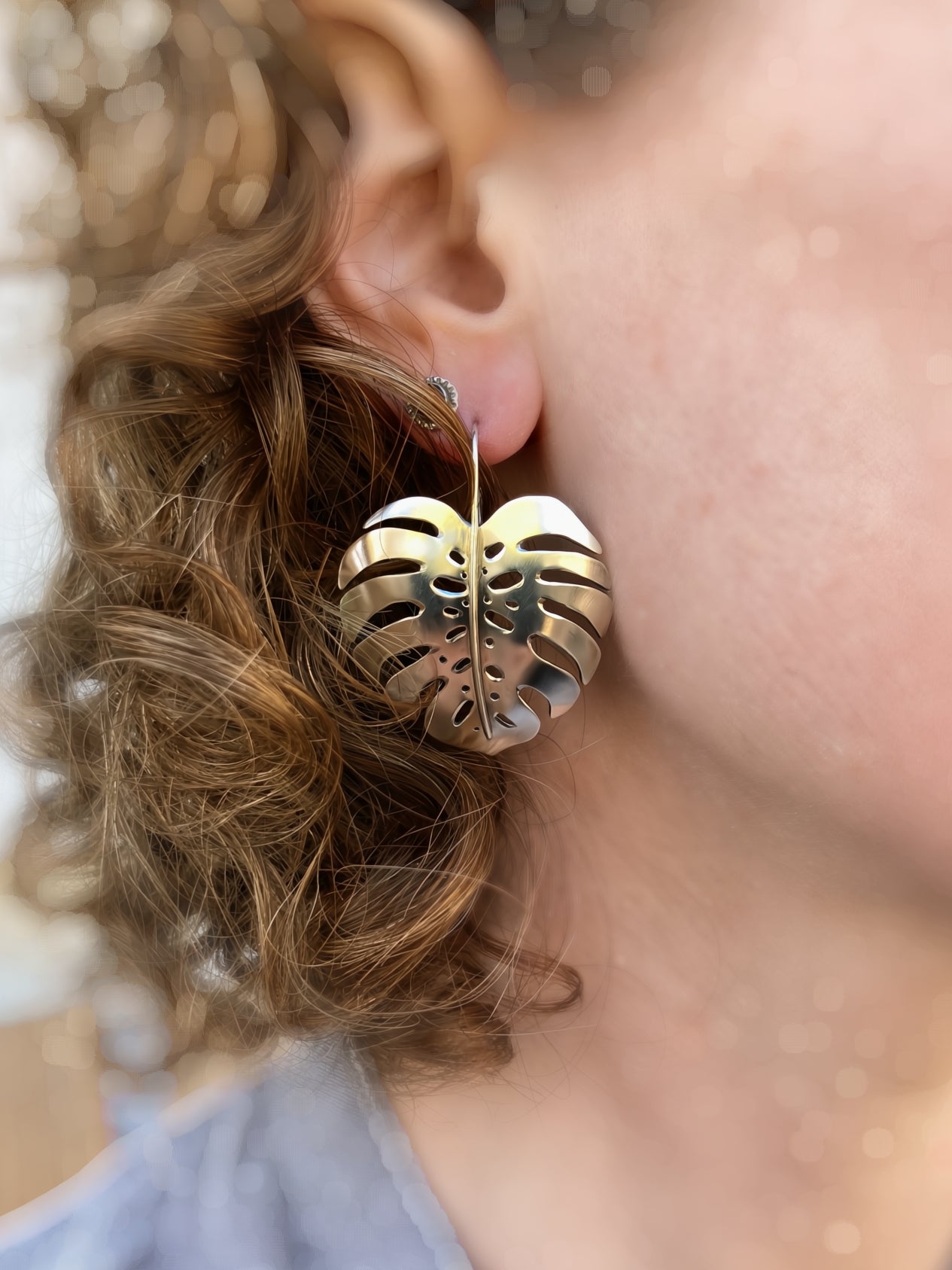 Close-up detail showing quality craftsmanship and materials - Monstera Earrings in Sterling Silver - Large