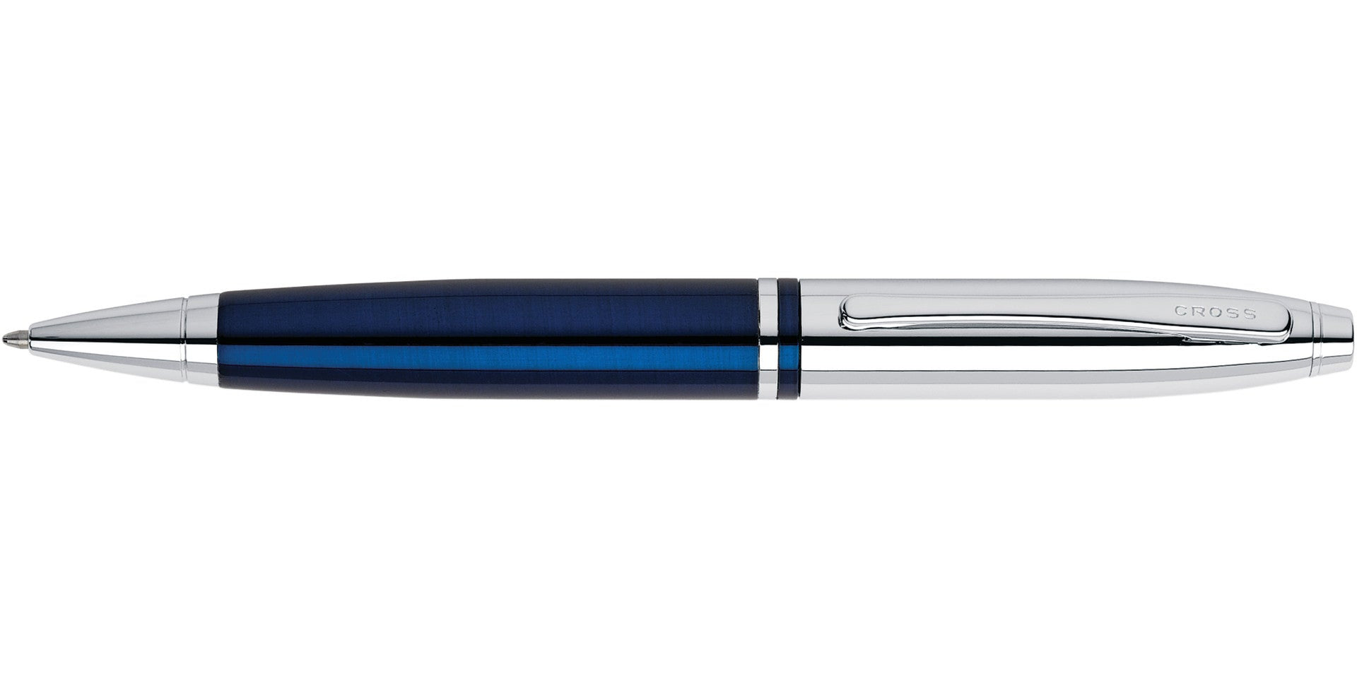 Lifestyle photo showing A.T. Cross Calais Chrome & Blue Lacquer Ballpoint Pen - Comfortab in use - A.T. Cross