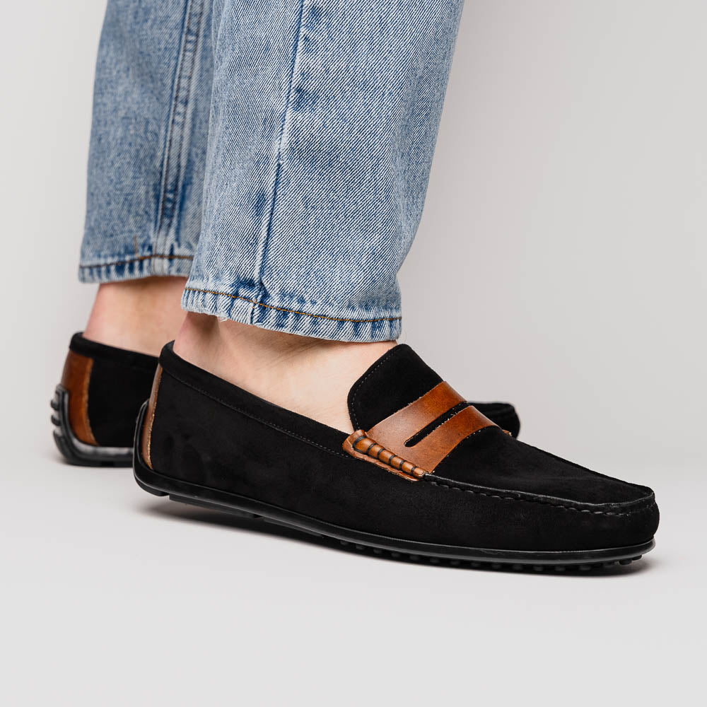 Product view 12 - 36-300-BLK MONZA Sueded Italian Calfskin Driver Black / Chestnut - Zelli Italia