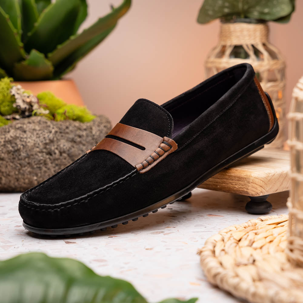 Product view 7 - 36-300-BLK MONZA Sueded Italian Calfskin Driver Black / Chestnut - Zelli Italia