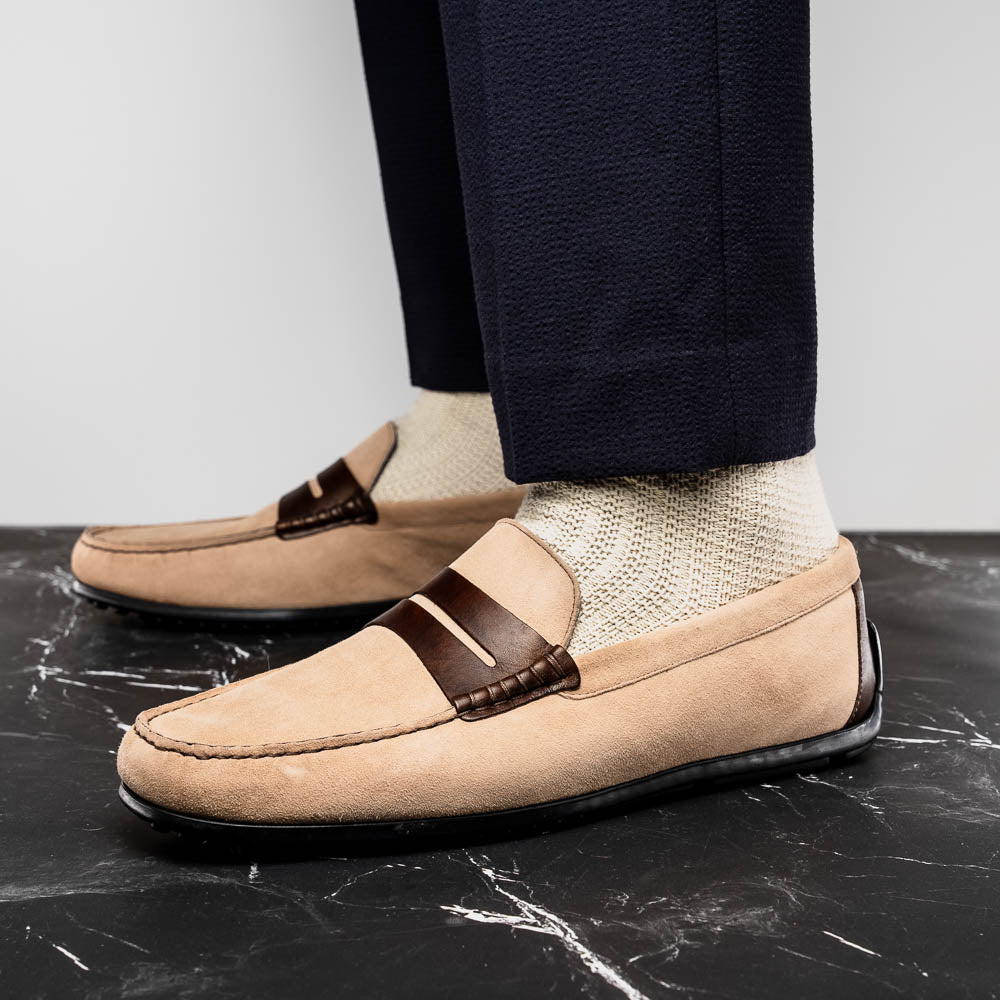 Product view 10 - 36-300-BON MONZA Sueded Italian Calfskin Driver Bone / Chestnut - Zelli Italia