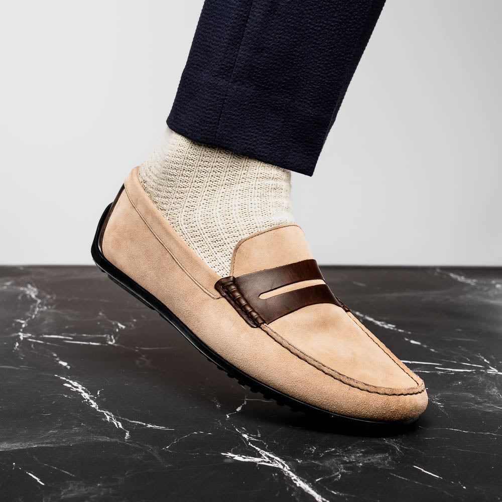 Product view 11 - 36-300-BON MONZA Sueded Italian Calfskin Driver Bone / Chestnut - Zelli Italia