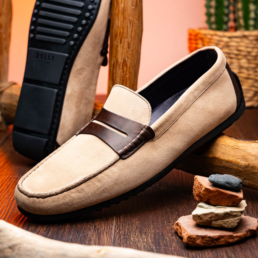 Product view 6 - 36-300-BON MONZA Sueded Italian Calfskin Driver Bone / Chestnut - Zelli Italia