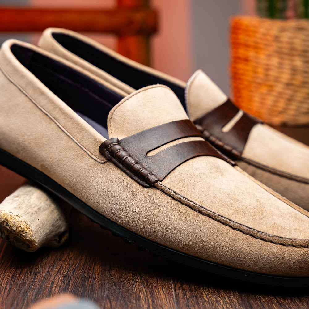 Product view 8 - 36-300-BON MONZA Sueded Italian Calfskin Driver Bone / Chestnut - Zelli Italia