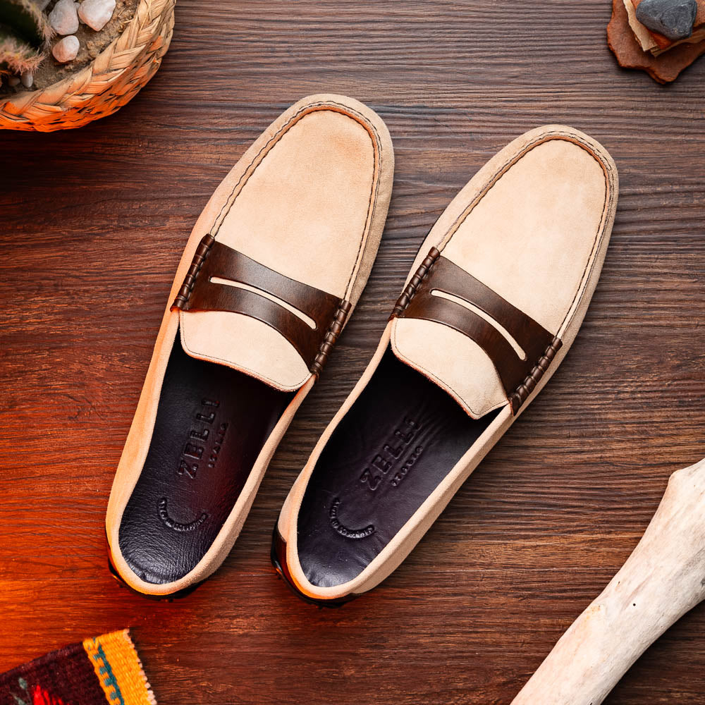 Product view 9 - 36-300-BON MONZA Sueded Italian Calfskin Driver Bone / Chestnut - Zelli Italia
