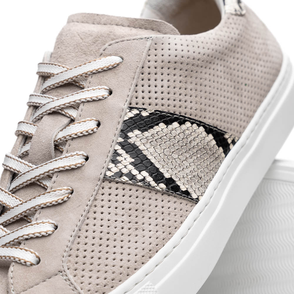 Lifestyle photo showing 66-100-GRY OLYMPIAS Genuine Python and Italian Sueded Goatskin, G in use - Zelli Italia