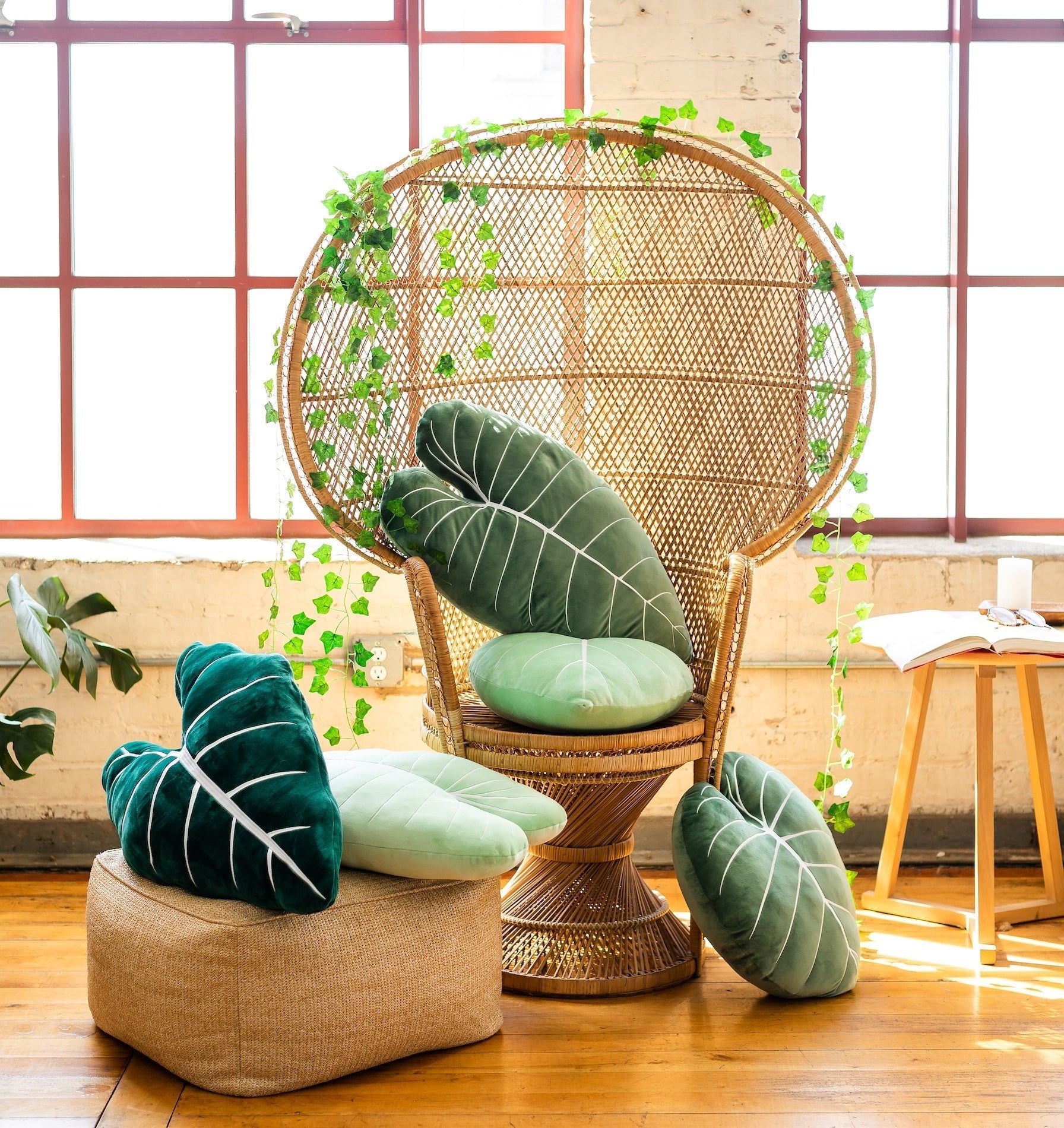 Lifestyle photo showing Philodendron Gloriosum Leaf Pillow - Moody Green in use - Green Philosophy Co.