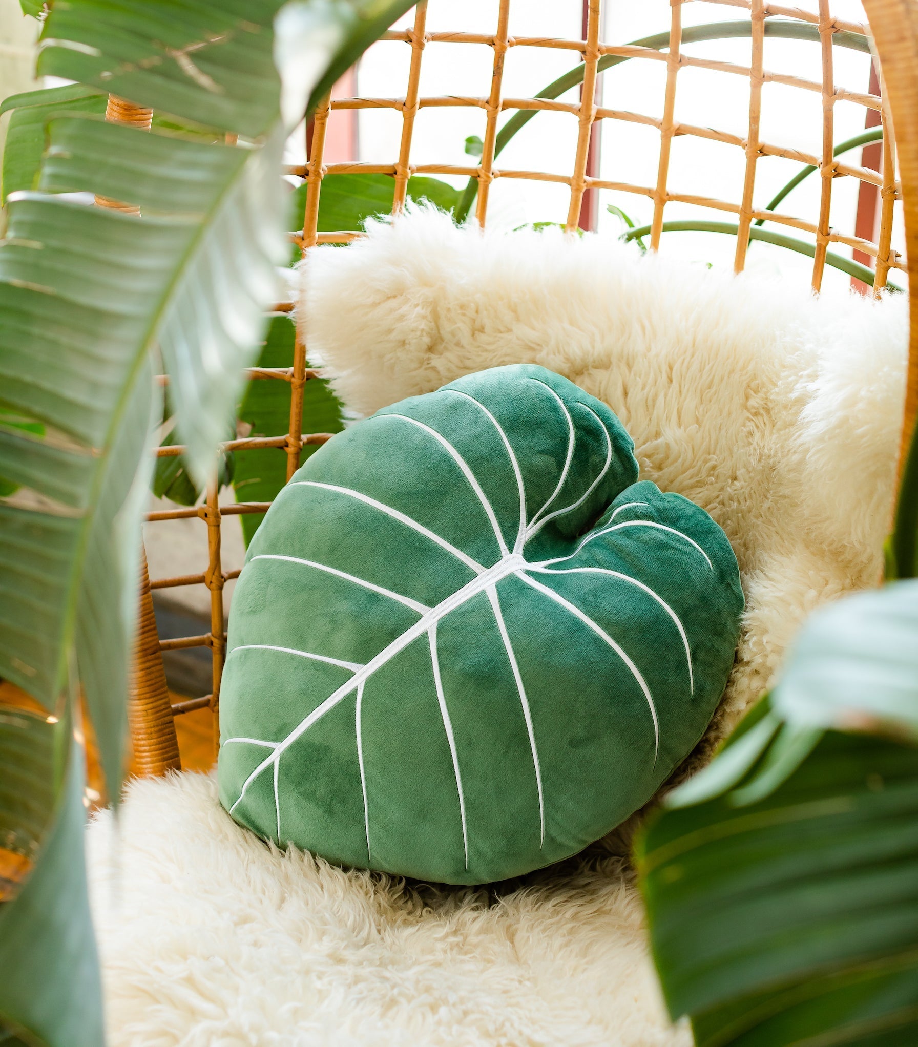Close-up detail showing quality craftsmanship and materials - Philodendron Gloriosum Leaf Pillow - Moody Green