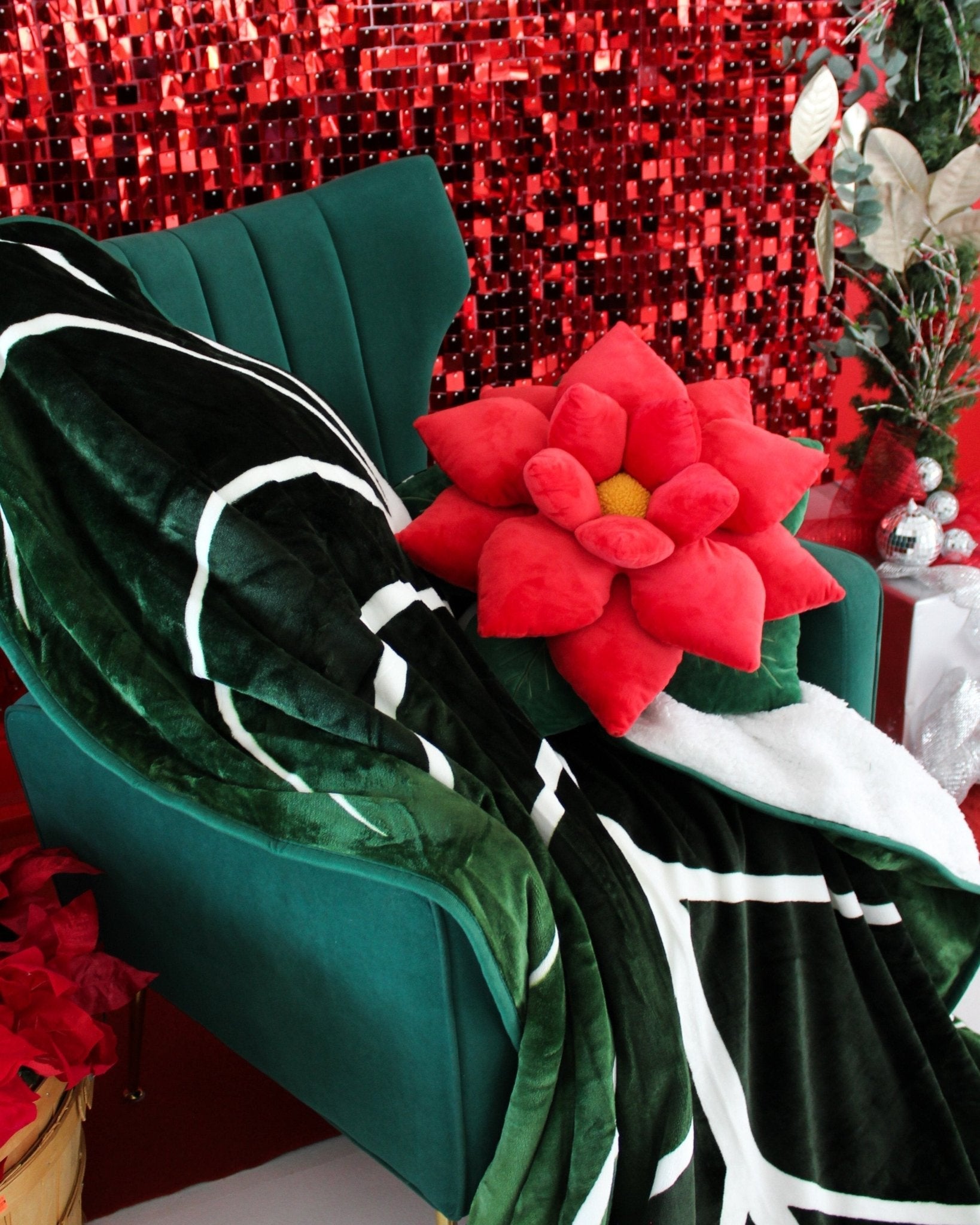 Close-up detail showing quality craftsmanship and materials - Poinsettia Pillow - Christmas Red