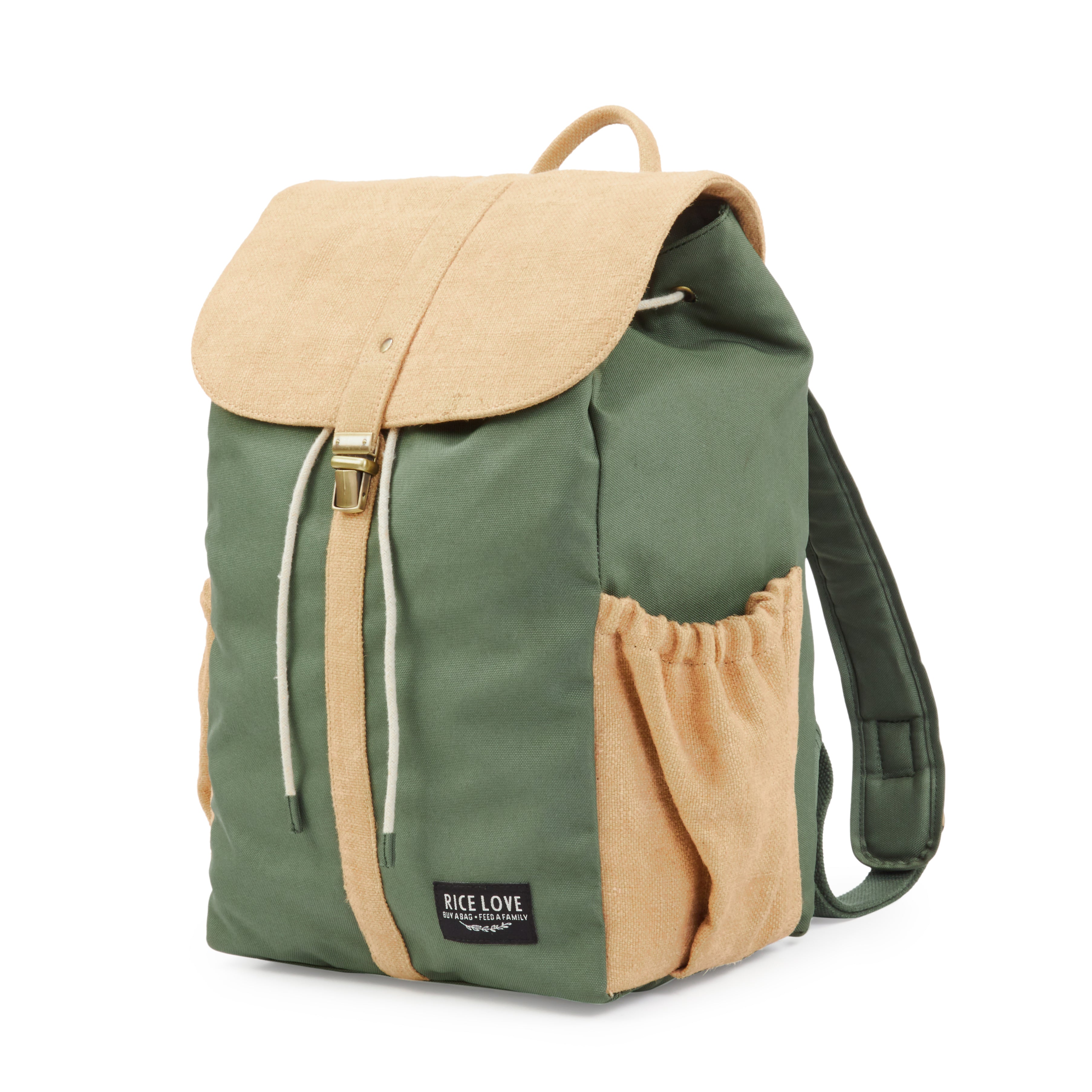 Lifestyle photo showing Prithi Pack Backpack: Made from Recycled Plastic in use - Rice Love