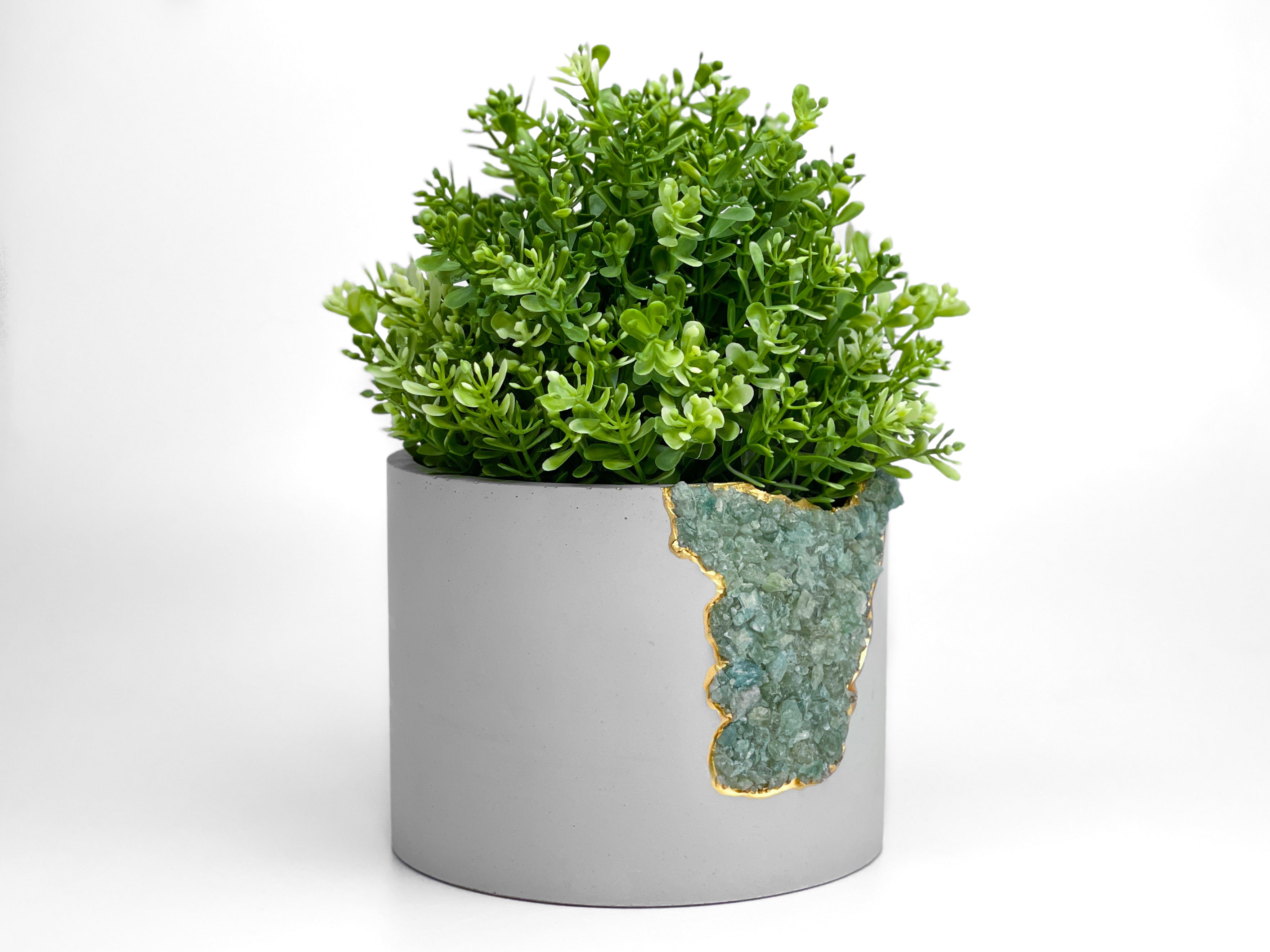 Lifestyle photo showing 6" GREEN APATITE PLANTER in use - AURA 8 HOME