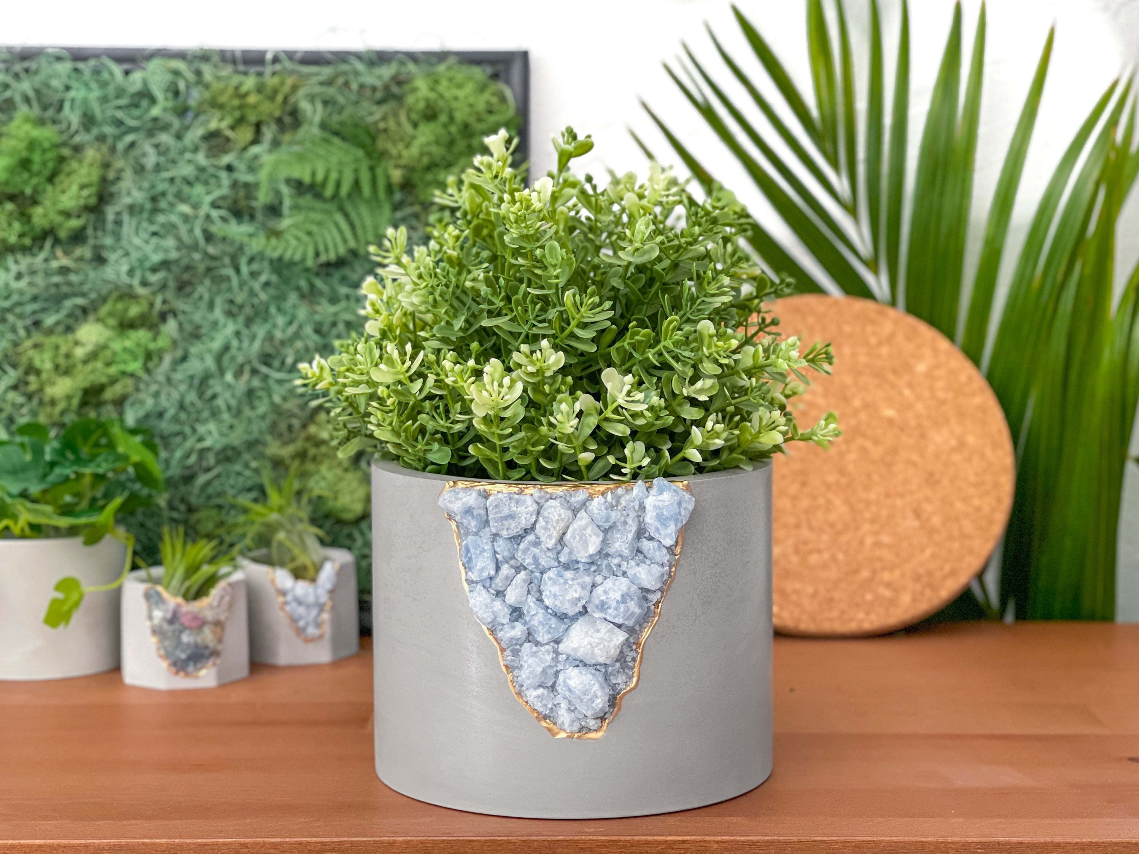 Lifestyle photo showing 6" BLUE CALCITE PLANTER in use - AURA 8 HOME