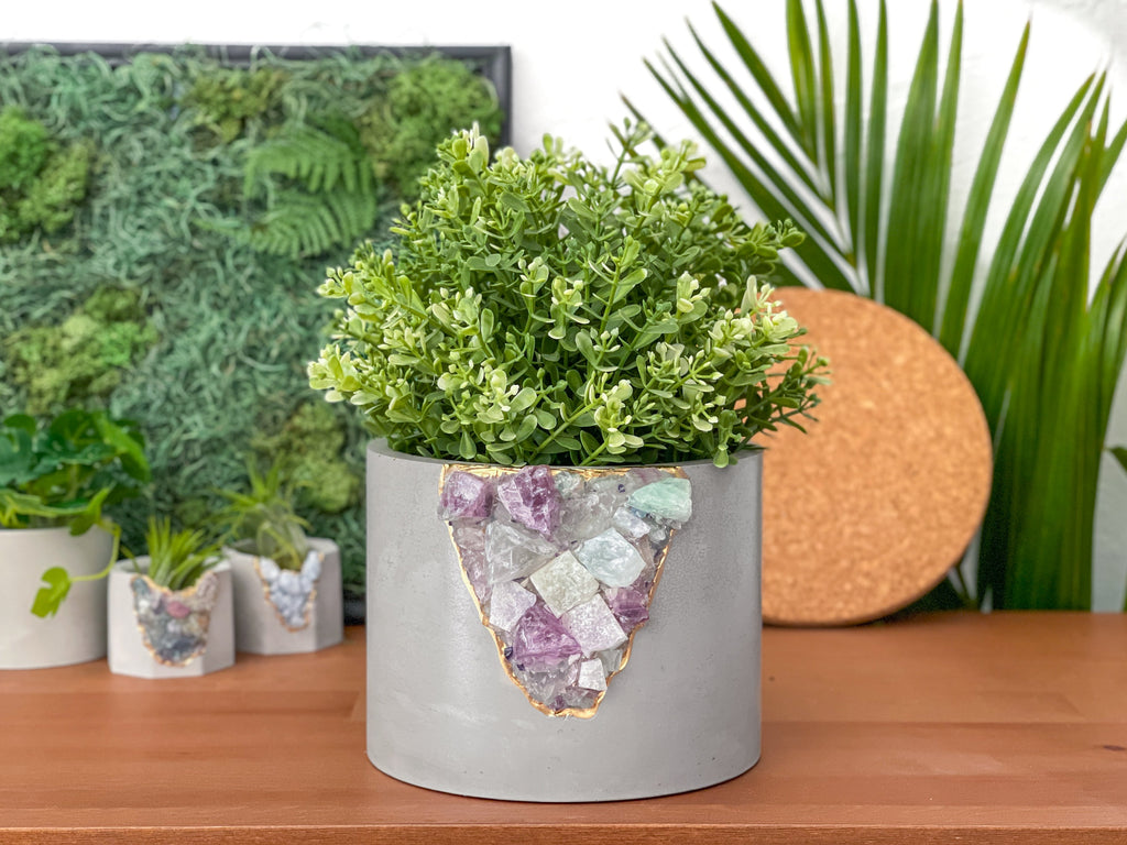 Lifestyle photo showing 6" FLUORITE GEODE PLANTER in use - AURA 8 HOME