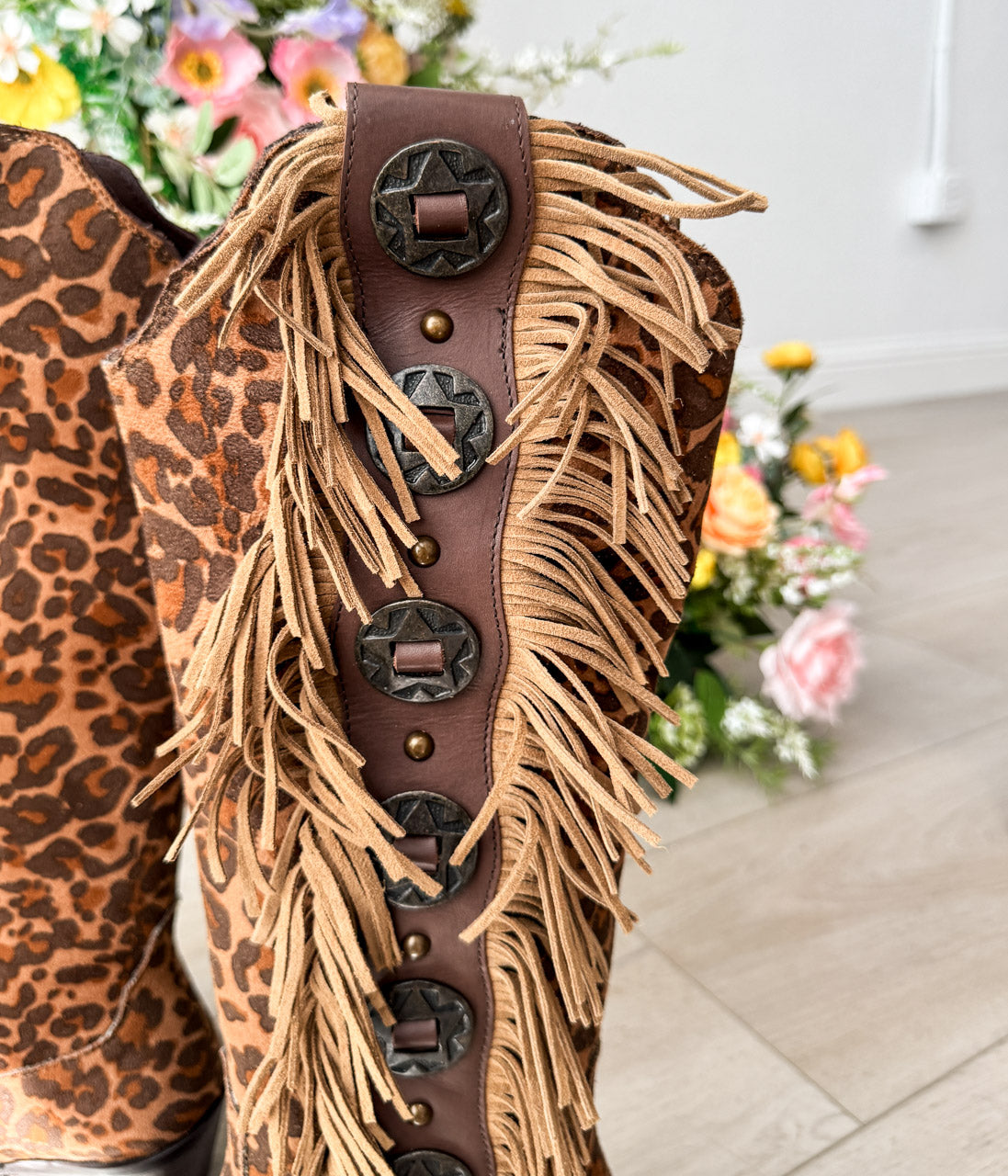 Close-up detail showing quality craftsmanship and materials - Rodeo Doll Fringe Boots in Leopard