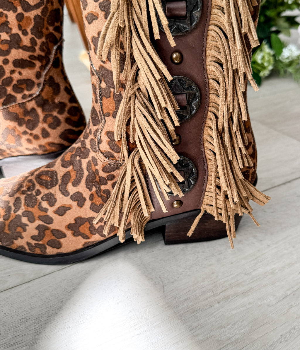 Lifestyle photo showing Rodeo Doll Fringe Boots in Leopard in use - Naughty Monkey