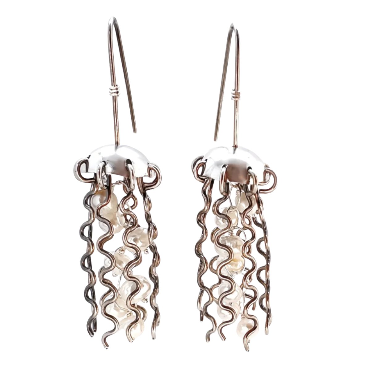 Sterling Silver Jellyfish Earrings with White Pearls - premium quality - Alison Morse