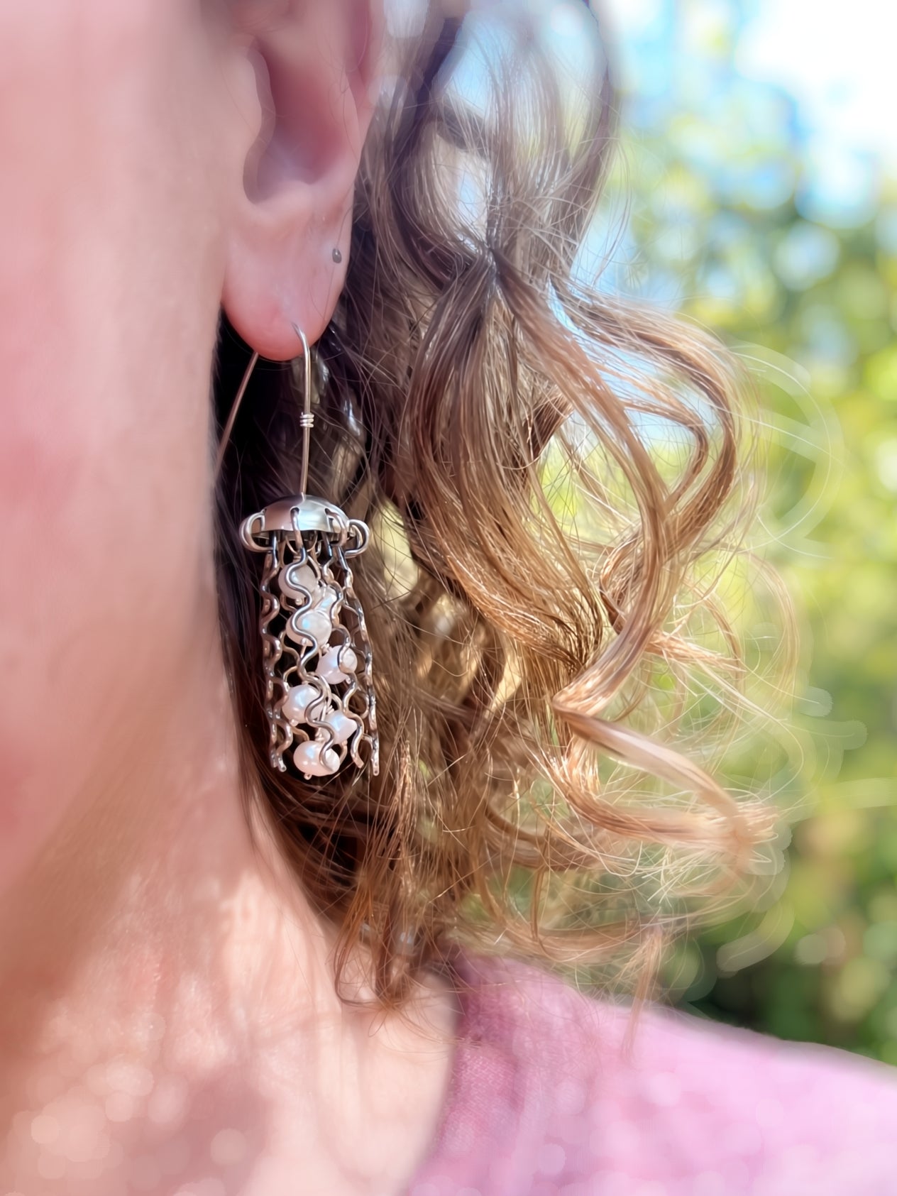 Close-up detail showing quality craftsmanship and materials - Sterling Silver Jellyfish Earrings with White Pearls