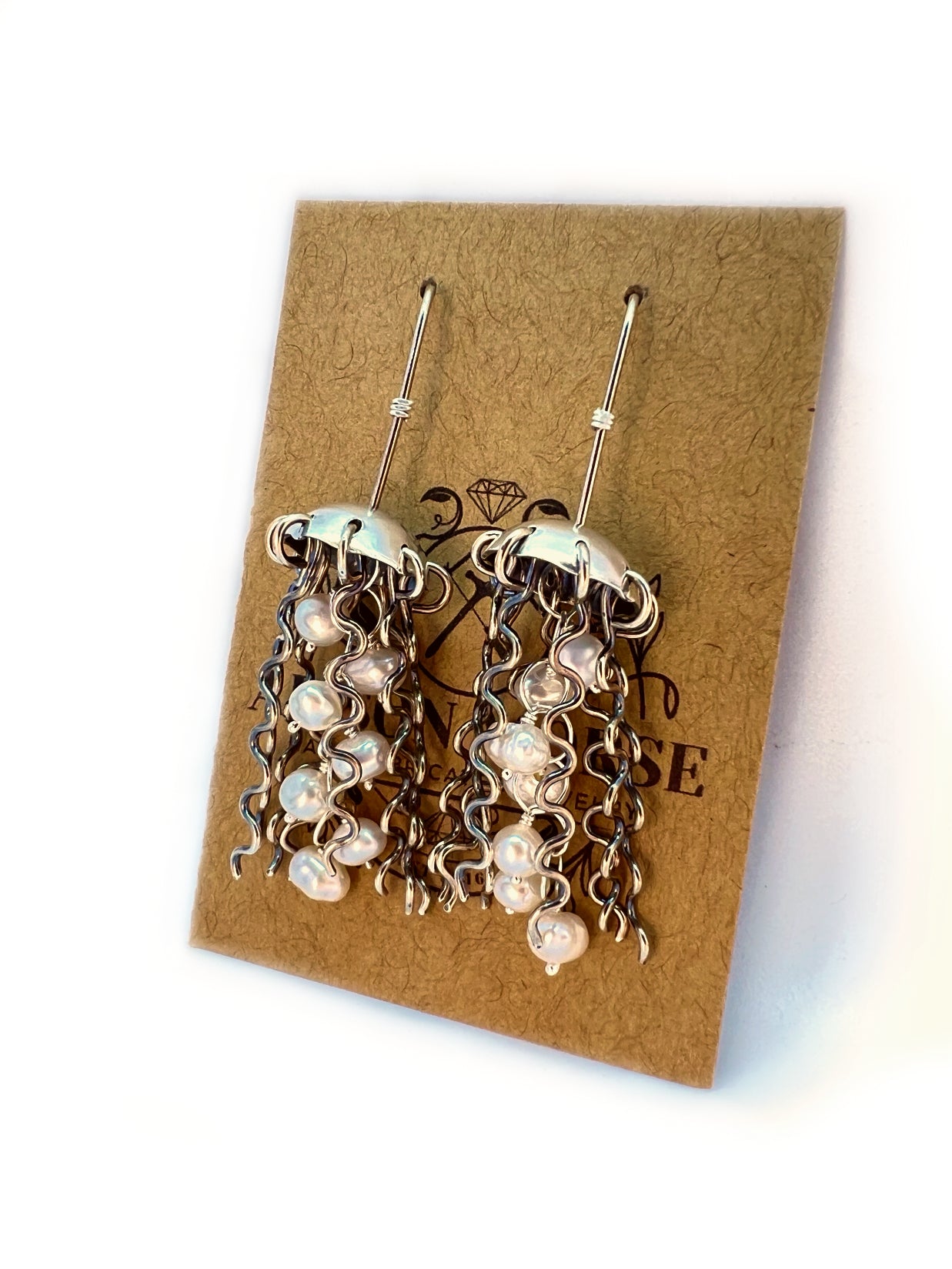 Product view 4 - Sterling Silver Jellyfish Earrings with White Pearls - Alison Morse