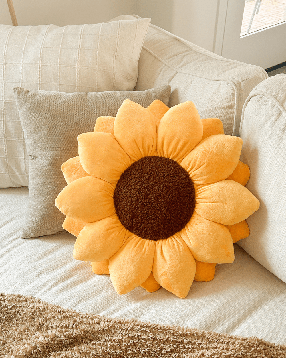 Lifestyle photo showing Sunflower Pillow - Golden Yellow in use - Green Philosophy Co.