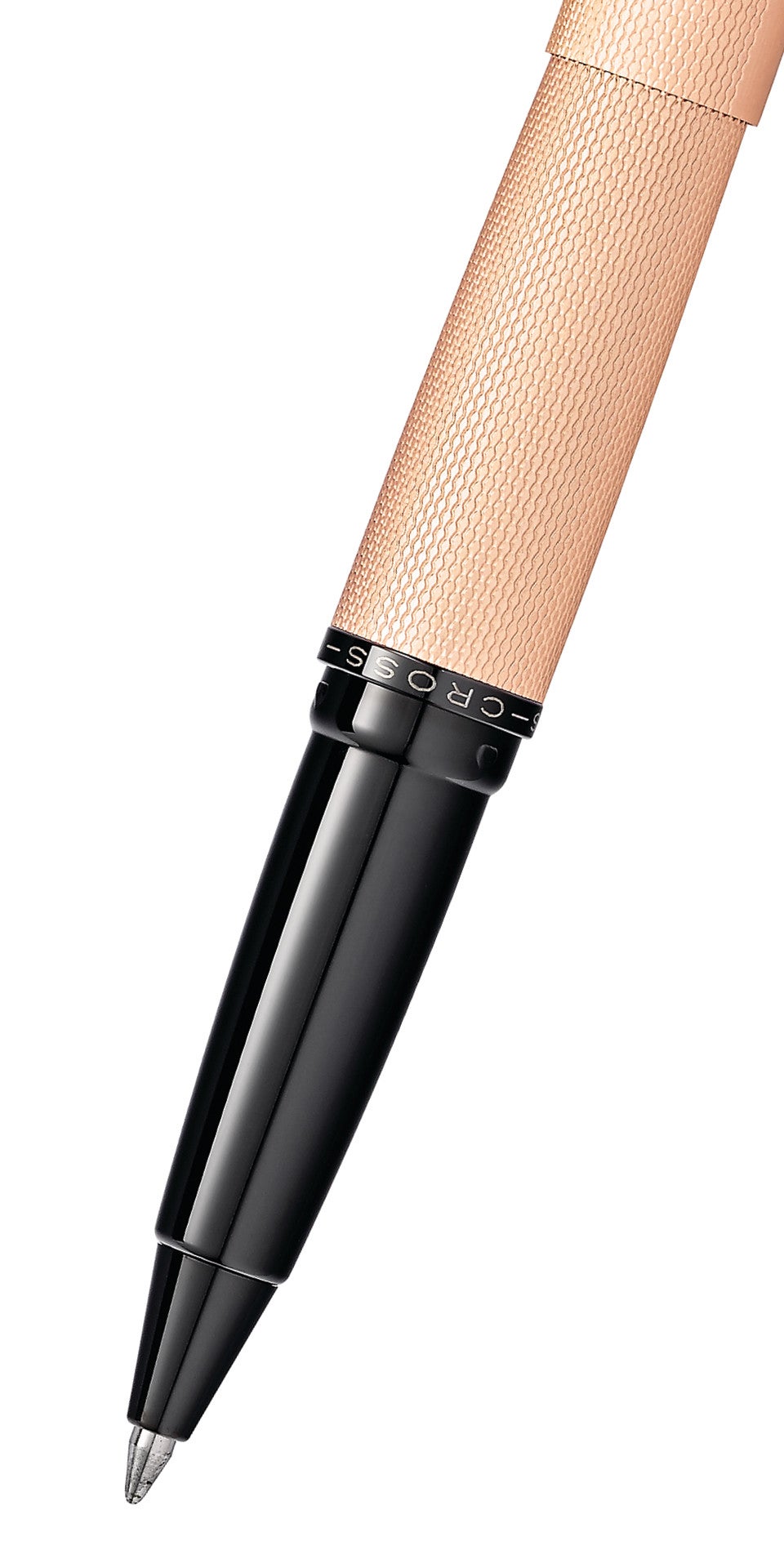 Close-up detail showing quality craftsmanship and materials - A.T. Cross ATX Brushed Rose Gold Rollerball Pen - Natural Le