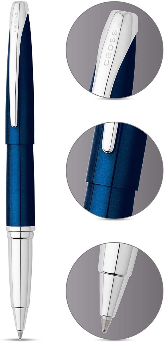 Lifestyle photo showing A.T. Cross ATX Translucent Blue Lacquer Rollerball Pen in use - A.T. Cross