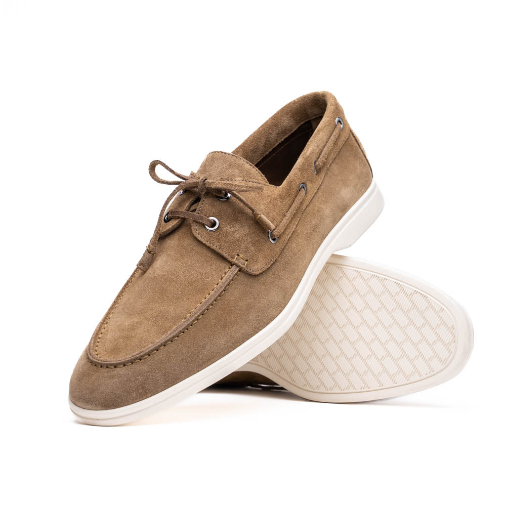 Close-up detail showing quality craftsmanship and materials - 16-675-TPE VENICE Italian Sueded Goatskin Boat Shoes, Taupe
