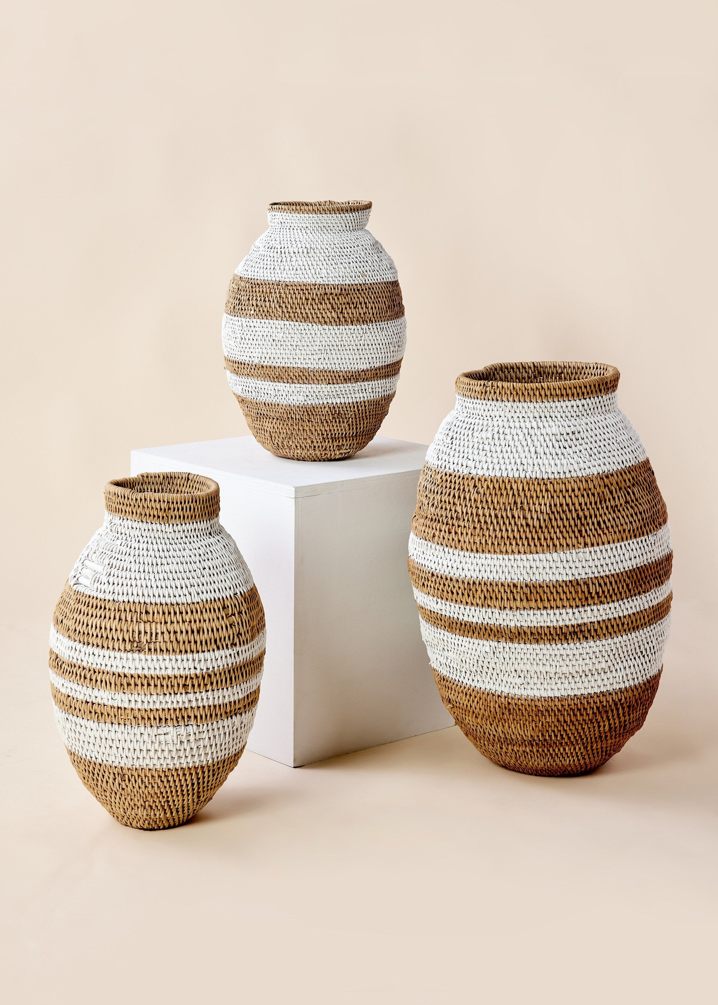 White Striped Buhera Basket - premium quality - Kanju Interiors