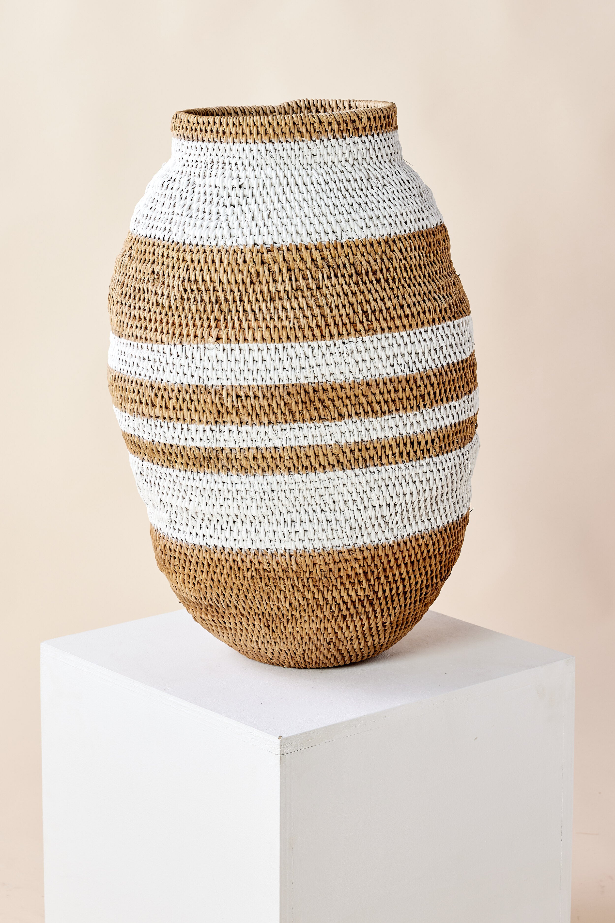 Product view 4 - White Striped Buhera Basket - Kanju Interiors